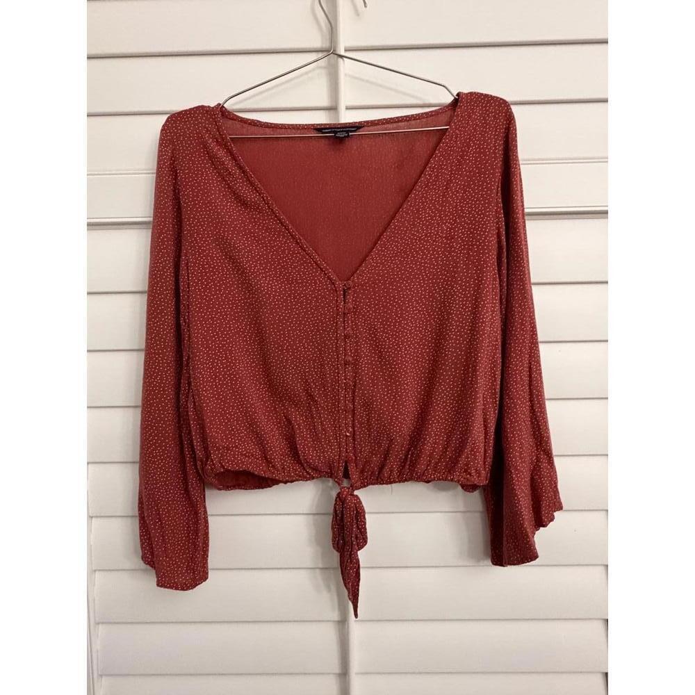 American Eagle Outfitters Woman's Crop Top Pink Polka Dots 3/4 Sleeves Medium